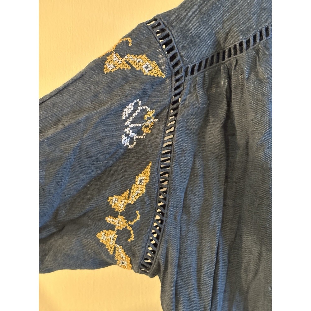 FREE PEOPLE Teal Blue Butterfly Flower Embroidered Dress S V Neck Boho - Picture 4 of 7